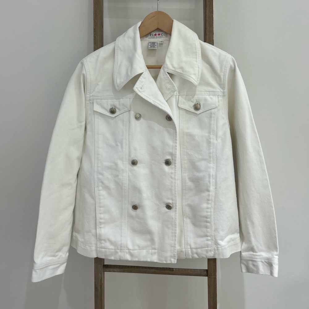 Isaac Mizrahi White Double-Breasted Jean Jacket With Pockets Size Large